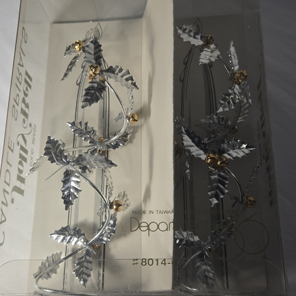 Candle Stick Holders Silver Leaves And Tiny Brass Jingle Bell Spirals NIB 6" - Picture 9 of 10